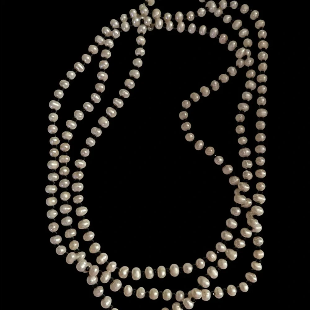 Carolee Classic White Pearl Long Necklace with Black Rhinestones